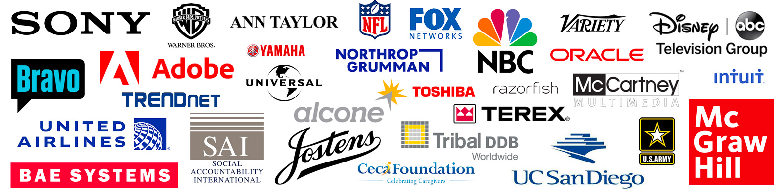 We have worked with numerous Fortune 500 companies such as: Adobe, BAE Systems, McGraw-Hill, Sony, NBC Agency, Fox, Universal. Disney and many more.